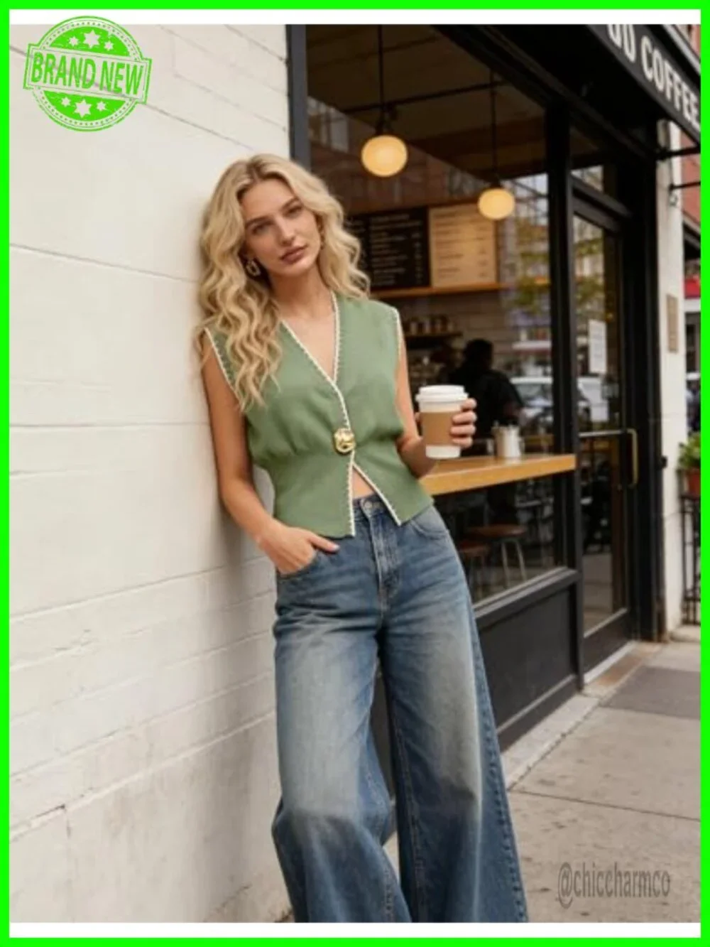 V Neck Knit Vest Casual Button Down Sleeveless Contrast Trim Sweater Top